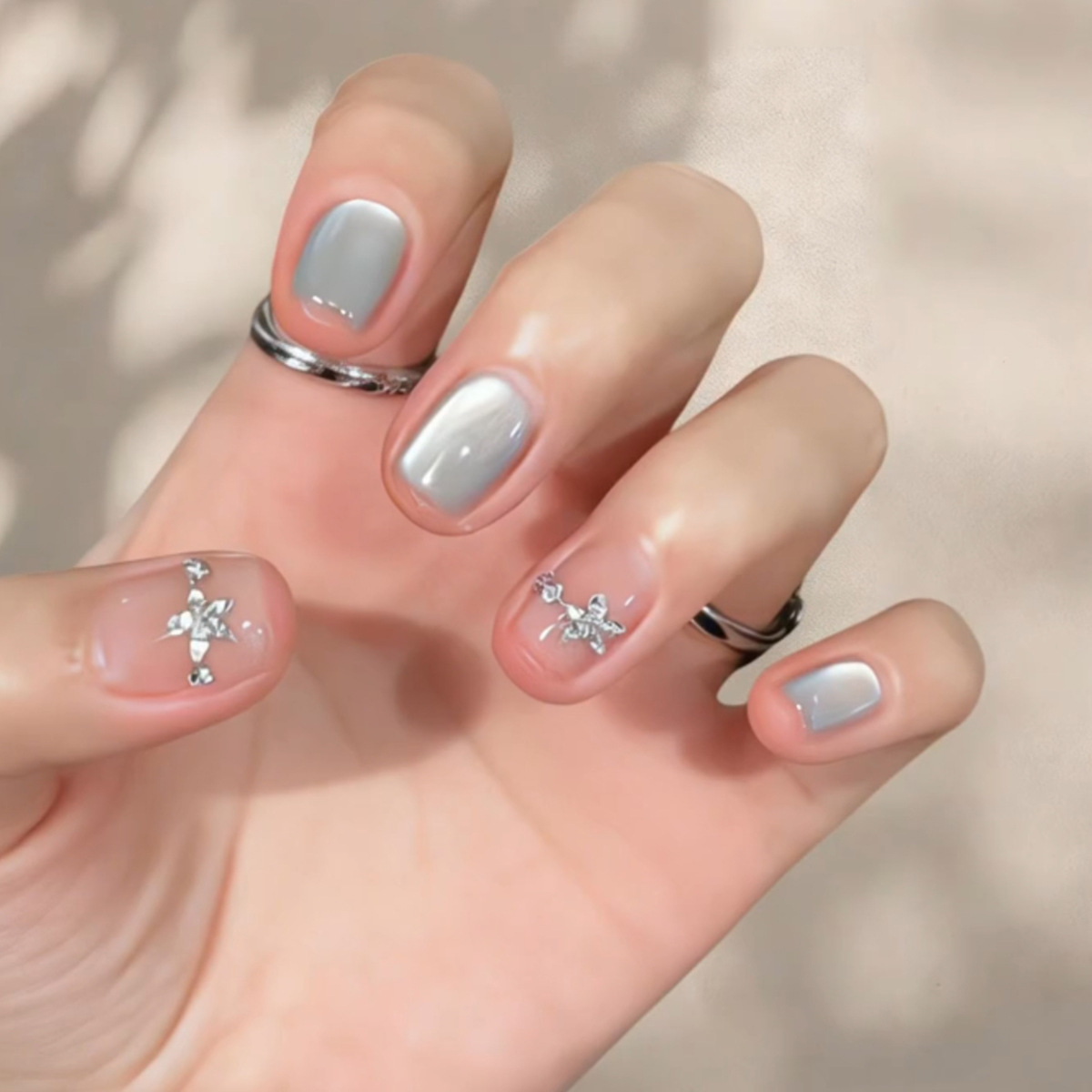 Nail Art Simple - 24 Adet Kedi Gözü Simli Tırnak