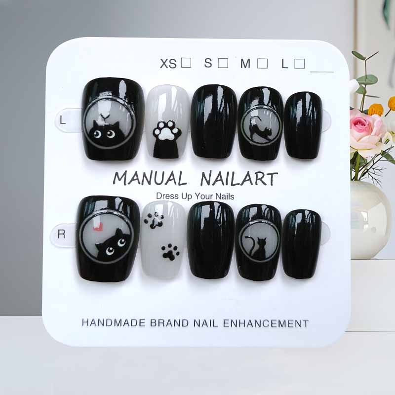 Nail Art Cat Eye Pink - 10 Adet Sevimli Karikatür Siyah Kedi